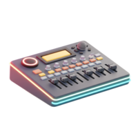An audio mixer console features a microphone, multiple buttons, faders, and knobs for adjusting audio levels and effects, likely used in recording studios or live performances. png