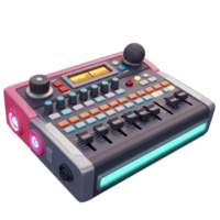 A colorful audio mixer with a microphone and various buttons is shown, which can be used for podcasting or music production. png