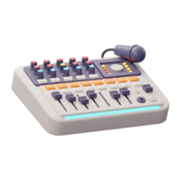 A white audio mixer board is accompanied by a purple microphone, featuring numerous knobs and sliders and is perfect for music production and audio editing. png