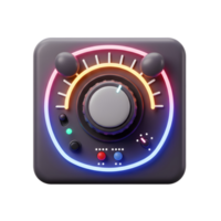 A futuristic square device with a central knob and neon lights is shown in this image, potentially for music or sound control. png