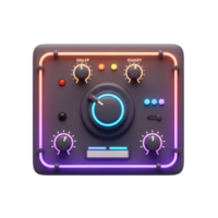 A sound panel with knobs, buttons, a switch, a display, and neon lights stands out, providing a retro aesthetic for audio control. png