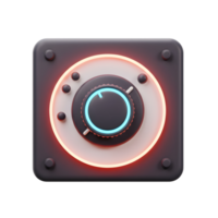 A stylized control panel with a central blue glowing knob offers a futuristic look, used for volume or settings adjustment. png