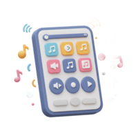 A 3D render of a music player with colorful buttons and floating musical notes is used to illustrate entertainment apps. png