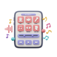 Pastel-colored 3D illustration of a smartphone application interface used to record karaoke, containing various icons and controls. png