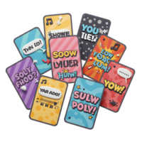 A set of colorful cards with phrases and illustrations is displayed, suggesting a playful and creative learning tool for communication. png