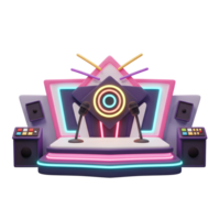A colorful stage with microphones is set up for performances and speeches in a vibrant and engaging setting. png