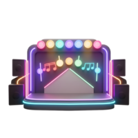 This neon stage setup with speakers features musical notes and lights, suggesting a vibrant atmosphere for a performance or event. png