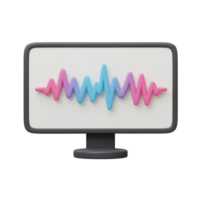 A computer monitor displays a vibrant, undulating waveform against a white background, useful for illustrating sound or data analysis. png