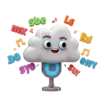 A cartoon cloud with a microphone-like stand is surrounded by colorful letters and music notes to represent sound or music. png