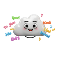 This cartoon cloud character with colorful letters and musical notes creates a whimsical and playful illustration, making it suitable for children's content. png