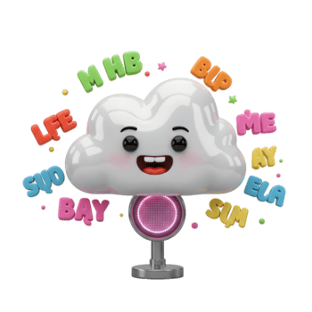 ein süß Karikatur Wolke Charakter mit ein eingebaut Lautsprecher ist umgeben durch bunt Briefe, Erstellen ein Spaß und spielerisch Bild zum Kinder- Inhalt. png