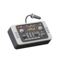 Grey and white audio sound mixer features buttons, knobs, sliders, and a microphone for controlling and adjusting audio levels during recording or live broadcasting. png