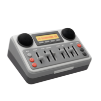 A grey audio mixer with sliders, buttons, display and speakers provides audio adjustments for recording and broadcast. png