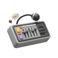 A cartoon-style sound mixer with a microphone and social media icons is displayed, showcasing digital audio control and online interaction. png