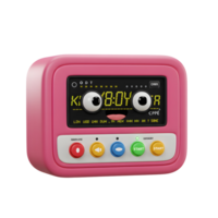 Pink device with a screen, cartoon eyes, buttons, and a digital display is playful and can be used for toy mockups. png