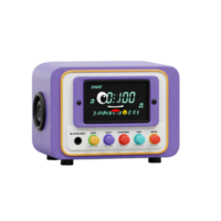 Retro purple alarm clock with digital display and googly eye is shown on a white background, perfect for waking up and staying on time. png