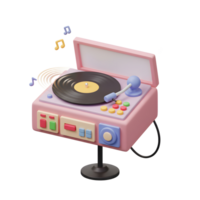 A pink record player with a black vinyl record plays music indicated by floating music notes, ideal for demonstrating musical enjoyment. png