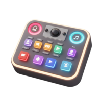 A streaming deck with multiple illuminated buttons and a control knob sits against a white background, used for audio and control. png