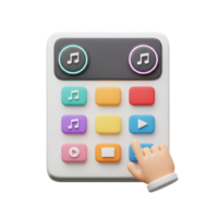 A cartoon hand taps the play button on a simple music app interface with colorful icons and a minimalist design, representing easy music selection. png