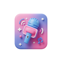 Stylized 3D microphone surrounded by stars and signal waves is set on a pink and blue gradient background, suitable for podcast or music application. png