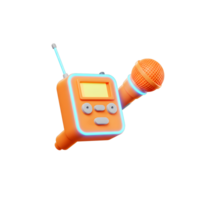 A bright orange wireless microphone and receiver unit are displayed, likely used for broadcasting. png
