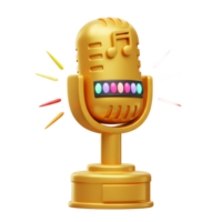A golden microphone with a musical note and colorful lights emits colorful rays, adding a touch of vibrancy to audio recording or entertainment purposes. png