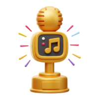 A golden award with a microphone and a musical note is depicted, symbolizing achievement in music and entertainment content. png