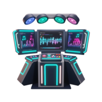 This futuristic sound mixing station features multiple screens displaying sound wave visualizations, buttons, and neon accents to create music. png