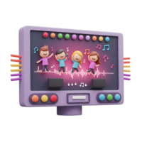 A cartoon band is performing on a screen with music notes, showing an entertainment application. png