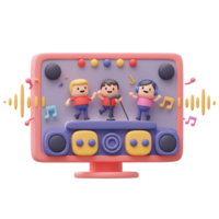 Cartoon characters are performing a song on a stage within a digital device, representing the use of a live music application. png