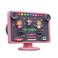 Three cartoon people are singing on a screen with music notes and waves, the screen also has speakers and control knobs for musical entertainment. png