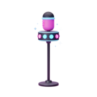 A pink cartoon microphone sits atop a black stand adorned with blue and pink lights, adding a fun and playful touch to any performance or recording setup. png
