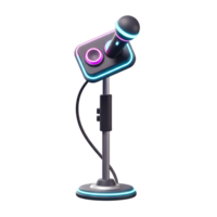 A microphone stands tall with a sleek design accented by vibrant neon lights, perfect for recording studios or online streams. png