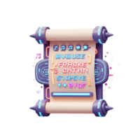 Stylized digital scroll displays neon text and musical notes, surrounded by colorful geometric shapes and a high-tech frame, to illustrate app interface. png