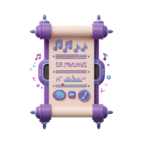 A 3D render of a music player interface presented on an ornate scroll, designed with pixel art elements for managing and playing music. png