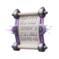 A stylized scroll displays musical notes and text, accented by a play button and neon lights, suggesting a futuristic interface for music playback. png