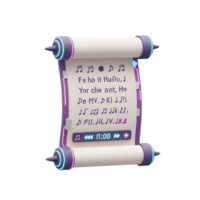 A 3D scroll displays music notes, lyrics, and a player with a timer, representing a digital music sheet for creative projects. png