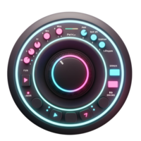 A dark futuristic control panel with illuminated buttons, knobs, and circular accents creates a visually engaging user interface design. png