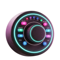 A futuristic control panel features a central knob, illuminated buttons, and neon lighting, suggesting usage for advanced settings or preferences. png