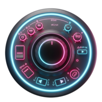 A futuristic controller displays an arrangement of glowing buttons and a dial, likely used for audio or control. png