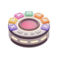 A 3D rendered image features a round white device adorned with colorful control buttons, suitable for UI element or interface design. png