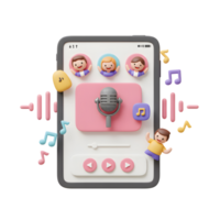 This 3D render features a podcast application on a tablet, showcasing cartoon characters, a microphone, and musical notes, ideal for podcasting and digital media consumption. png