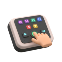 A cartoon hand presses the glowing green button on a media pad, which has buttons for play, pause, rewind, settings, and other controls for media use. png