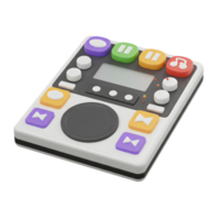 Close-up of a stylized DJ mixer controller featuring buttons, knobs, and a screen for audio mixing and music production. png