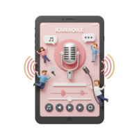 A cartoon tablet displays a karaoke application with a microphone, people, and controls for music settings, demonstrating the use of technology for entertainment. png