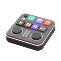 A grey DJ deck with various square buttons and two round knobs, providing an interface for controlling music or audio playback and manipulation. png