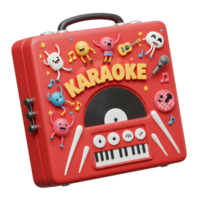 A red karaoke machine features cartoon characters, a microphone, and music notes, ideal for singing and entertainment. png