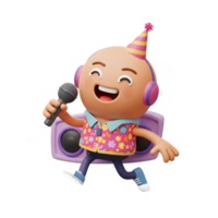 Cheerful cartoon character wearing headphones and a party hat sings into a microphone while running, representing lighthearted fun and musical entertainment. png