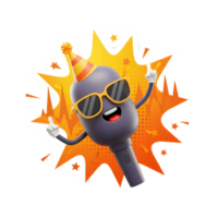 Cartoon microphone is wearing sunglasses and party hat, looking cheerful in front of a burst of orange color, great for entertainment design. png