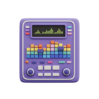 A purple audio mixer with a display and colorful equalizer is shown, suitable for mixing and adjusting sound levels. png